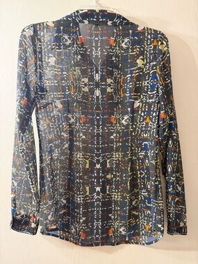 CAbi Sheer Abstract Print Blouse in Black, Blue & Orange